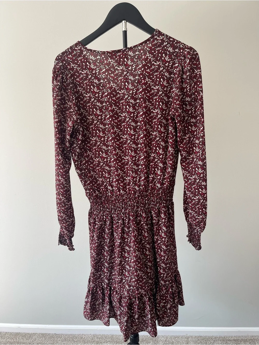Michael Kors Burgundy Floral Long Sleeve Smock-Waist Dress